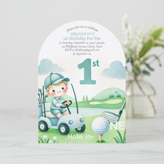 Gat in een golfjongen 1e verjaardag Par-T-shirt Kaart (Staand voorkant)