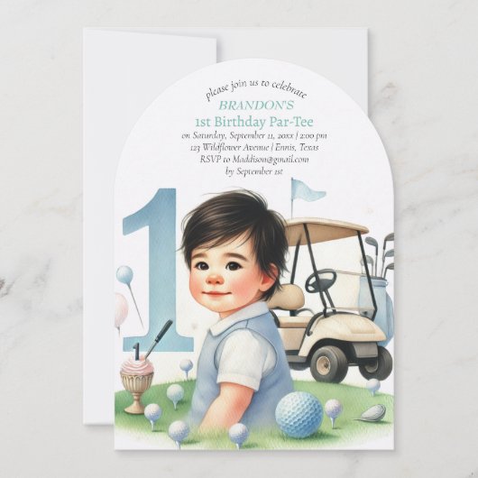 Gat in een golfjongen 1e verjaardag Par-T-shirt Kaart (Voorkant)