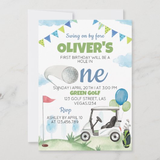 Gat in een golfjongen 1e verjaardag uitnodiging (Voorkant)