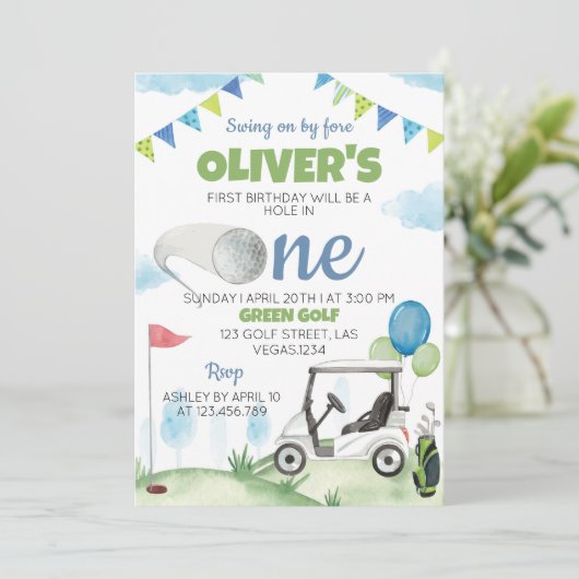 Gat in een golfjongen 1e verjaardag uitnodiging (Staand voorkant)