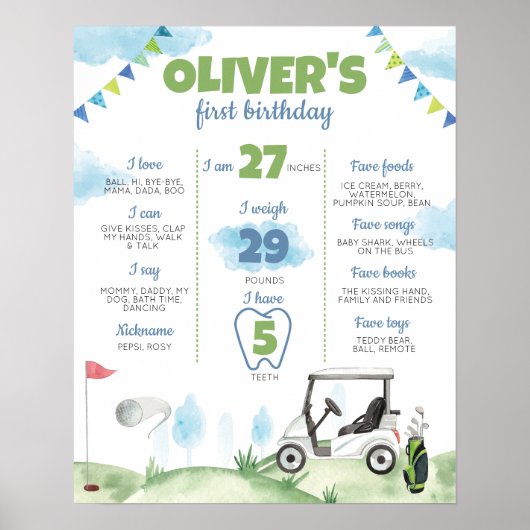 Gat in een golfthema 1e verjaardag mijlpaal teken poster (Voorkant)