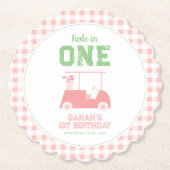 Gat in een roze check meisje eerste verjaardag kartonnen onderzetters (Voorkant)