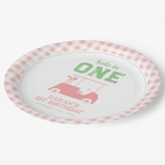Gat in een roze check meisje eerste verjaardag papieren bordje (Gekanteld)