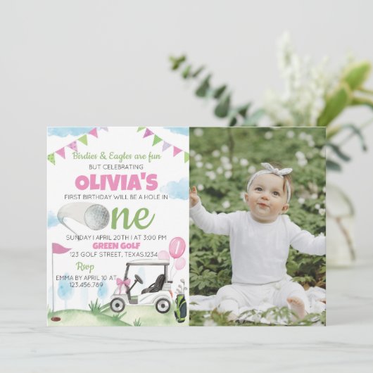 Gat In Een Roze Meisje 1e Verjaardag Uitnodiging (Staand voorkant)