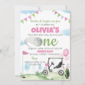 Gat In Golf Roze Meisje 1e Verjaardag Uitnodiging (Voorkant)