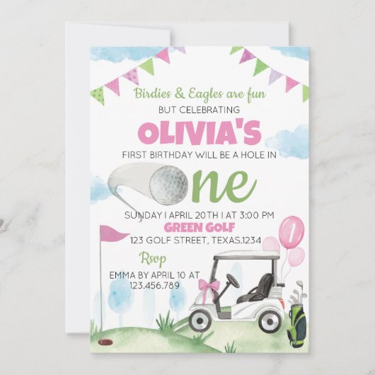 Gat In Golf Roze Meisje 1e Verjaardag Uitnodiging (Voorkant)