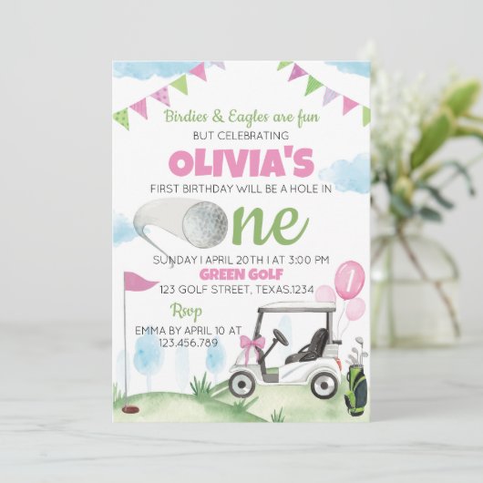 Gat In Golf Roze Meisje 1e Verjaardag Uitnodiging (Staand voorkant)