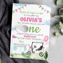 Gat In Golf Roze Meisje 1e Verjaardag Uitnodiging