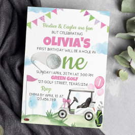 Gat In Golf Roze Meisje 1e Verjaardag Uitnodiging