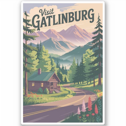 Gatlinburg Tennessee Cabin Travel Art Vintage Sticker (Voorkant)