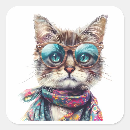 Gato Cool con Lentes Vierkante Sticker (Voorkant)