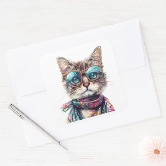  Gato Cool con Lentes  Vierkante Sticker (Envelop)