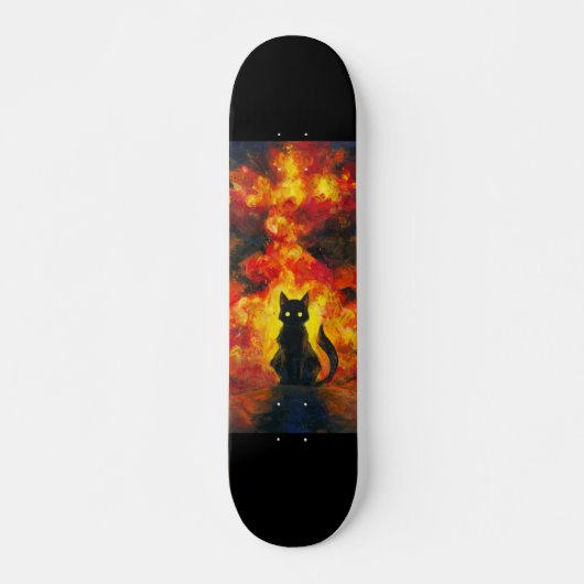 Gato Negro en Estilo Acuarela con Fondo Llameante Persoonlijk Skateboard (Voorkant)