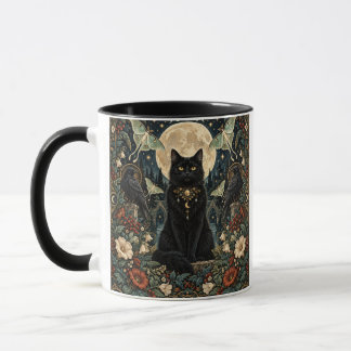 Gato Negro Gótico Celestial con Luna y Cuervos. Mok