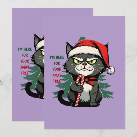 Gato travieso navideño con gorro y bastón feestdagenkaart (Voorkant / Achterkant)