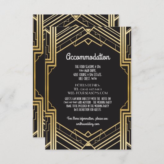 Gatsby Art Deco 1920 Accommodatie bruiloft Informatiekaartje (Voorkant / Achterkant)