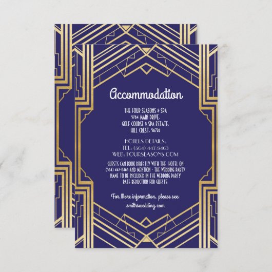 Gatsby Art Deco 1920s Accommodation Wedding Informatiekaartje (Voorkant / Achterkant)