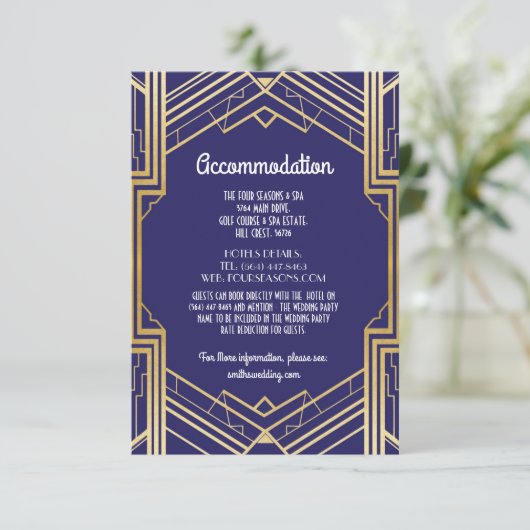 Gatsby Art Deco 1920s Accommodation Wedding Informatiekaartje (Staand voorkant)