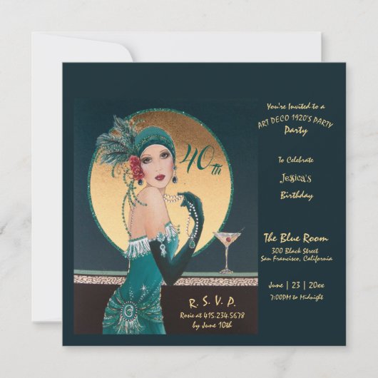 Gatsby Art Deco 40th Birthday Party Kaart (Voorkant)