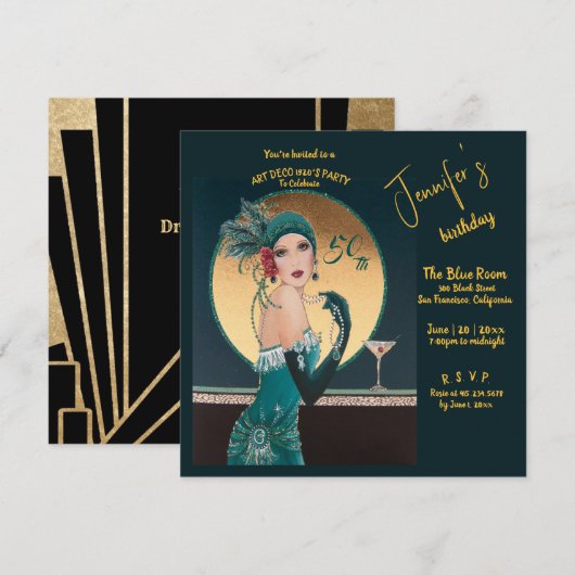 Gatsby Art Deco 50ste verjaardag uitnodigingen (Voorkant / Achterkant)
