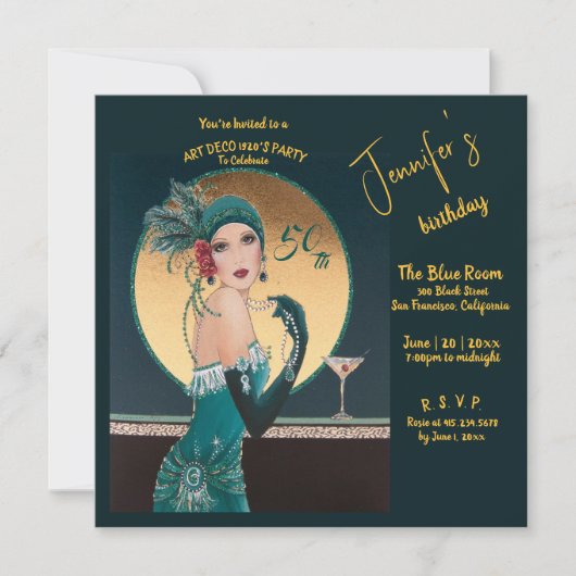 Gatsby Art Deco 50ste verjaardag uitnodigingen (Voorkant)