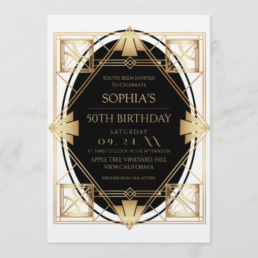 Gatsby Art Deco 50th Birthday Party Kaart (Voorkant)