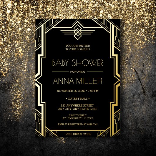 Gatsby Art Deco Black en Gold Baby shower Folie Uitnodiging