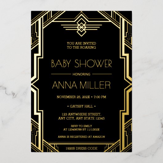 Gatsby Art Deco Black en Gold Baby shower Folie Uitnodiging (Voorkant)
