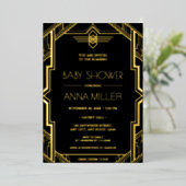 Gatsby Art Deco Black en Gold Baby shower Folie Uitnodiging (Staand Voorkant)