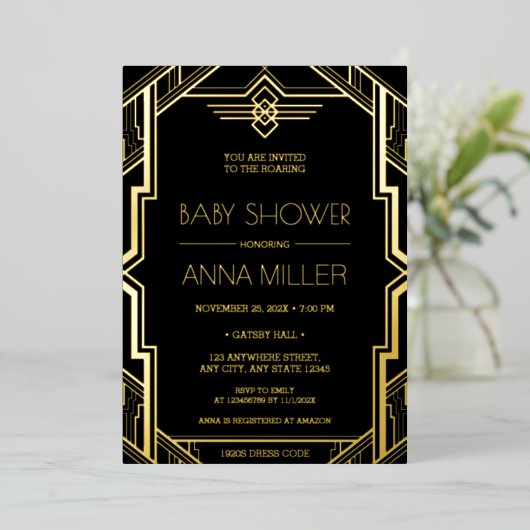 Gatsby Art Deco Black en Gold Baby shower Folie Uitnodiging (Staand Voorkant)
