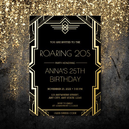 Gatsby Art Deco Black en Gold Birthday Party Folie Uitnodiging