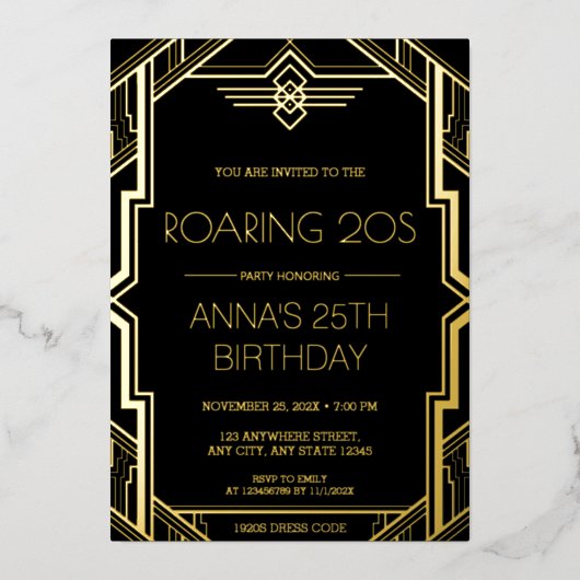 Gatsby Art Deco Black en Gold Birthday Party Folie Uitnodiging (Voorkant)