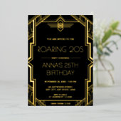 Gatsby Art Deco Black en Gold Birthday Party Folie Uitnodiging (Staand Voorkant)