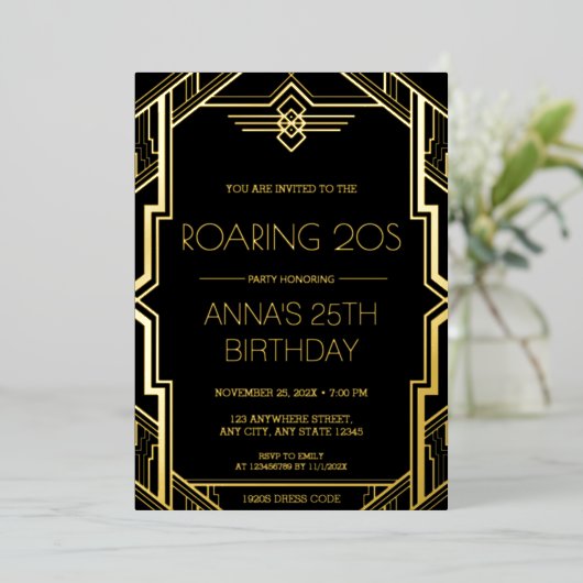 Gatsby Art Deco Black en Gold Birthday Party Folie Uitnodiging (Staand Voorkant)