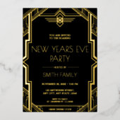 Gatsby Art Deco Black en Gold New Years Eve Party Folie Uitnodiging (Voorkant)