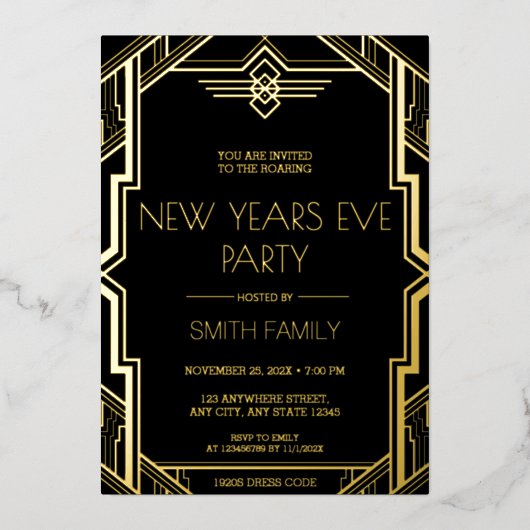 Gatsby Art Deco Black en Gold New Years Eve Party Folie Uitnodiging (Voorkant)