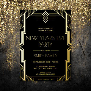 Gatsby Art Deco Black en Gold New Years Eve Party Folie Uitnodiging