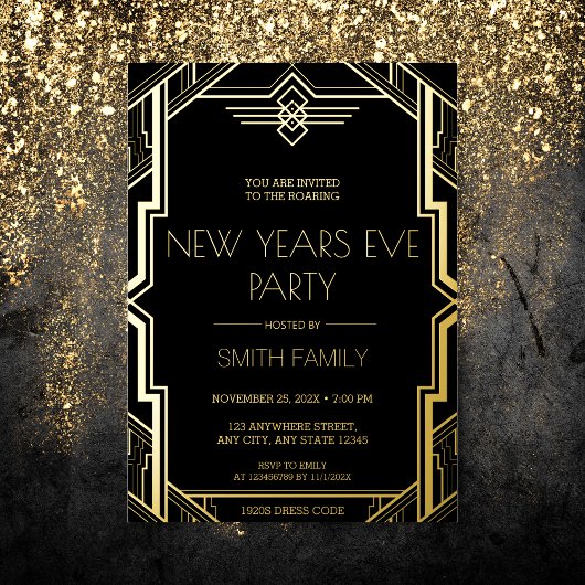 Gatsby Art Deco Black en Gold New Years Eve Party Folie Uitnodiging