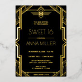 Gatsby Art Deco Black en Gold Sweet 16 Folie Uitnodiging (Voorkant)