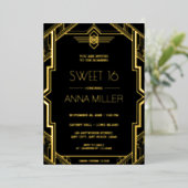Gatsby Art Deco Black en Gold Sweet 16 Folie Uitnodiging (Staand Voorkant)