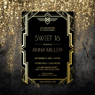 Gatsby Art Deco Black en Gold Sweet 16 Folie Uitnodiging