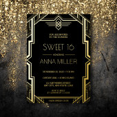 Gatsby Art Deco Black en Gold Sweet 16 Folie Uitnodiging