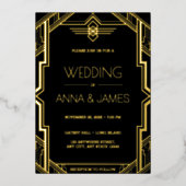 Gatsby Art Deco Black en Gold Wedding Folie Uitnodiging (Voorkant)