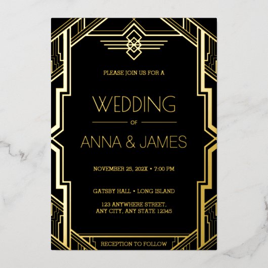 Gatsby Art Deco Black en Gold Wedding Folie Uitnodiging (Voorkant)