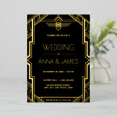 Gatsby Art Deco Black en Gold Wedding Folie Uitnodiging (Staand Voorkant)