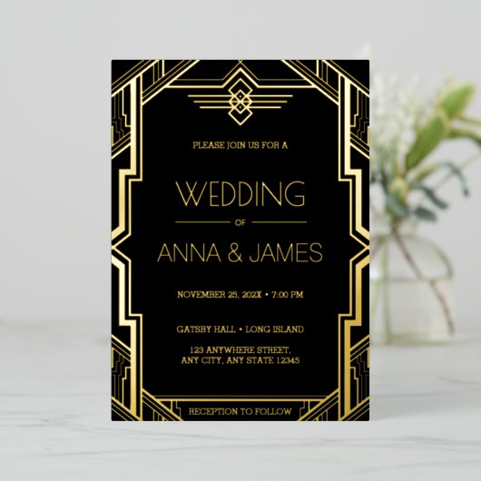 Gatsby Art Deco Black en Gold Wedding Folie Uitnodiging (Staand Voorkant)