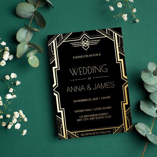 Gatsby Art Deco Black en Gold Wedding Folie Uitnodiging