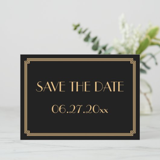 Gatsby Art Deco Black Wedding Save the Date Kaart (Staand voorkant)