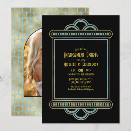 Gatsby Art Deco Blauwe & Gouden Verlovingsfeest Fo Kaart