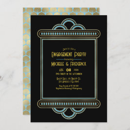 Gatsby Art Deco Blue & Gold Engagement Party Photo Kaart